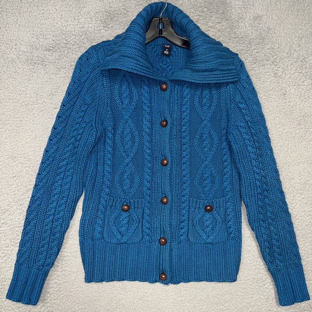 VTG Gap‎ Cardigan Sweater Sz M Blue Cable Knit Shawl Collar Wool Blend Academia